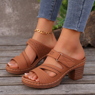 European and American Foreign Trade Hollow-out Wedge Slippers Women's plus size Car Stitching Velcro Beach Sandals Amazon
