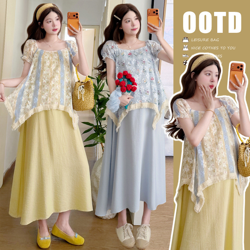 Maternity Wear Bohemian Resort Style Dress for Women Summer Lace Striped Fake Two-Piece Tassel A-Line Long Dress Maternity Wear Bohemian Resort Style Dress for Women Summer Lace Striped Fake Two-Piece Tassel A-Line Long Dress
