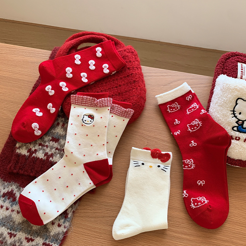 Four Seasons Seamless Cotton Socks, Red Christmas Cute Socks for Women, Mid-Calf Socks, Ins Cartoon Kitten Versatile Four Seasons Seamless Cotton Socks, Red Christmas Cute Socks for Women, Mid-Calf Socks, Ins Cartoon Kitten Versatile