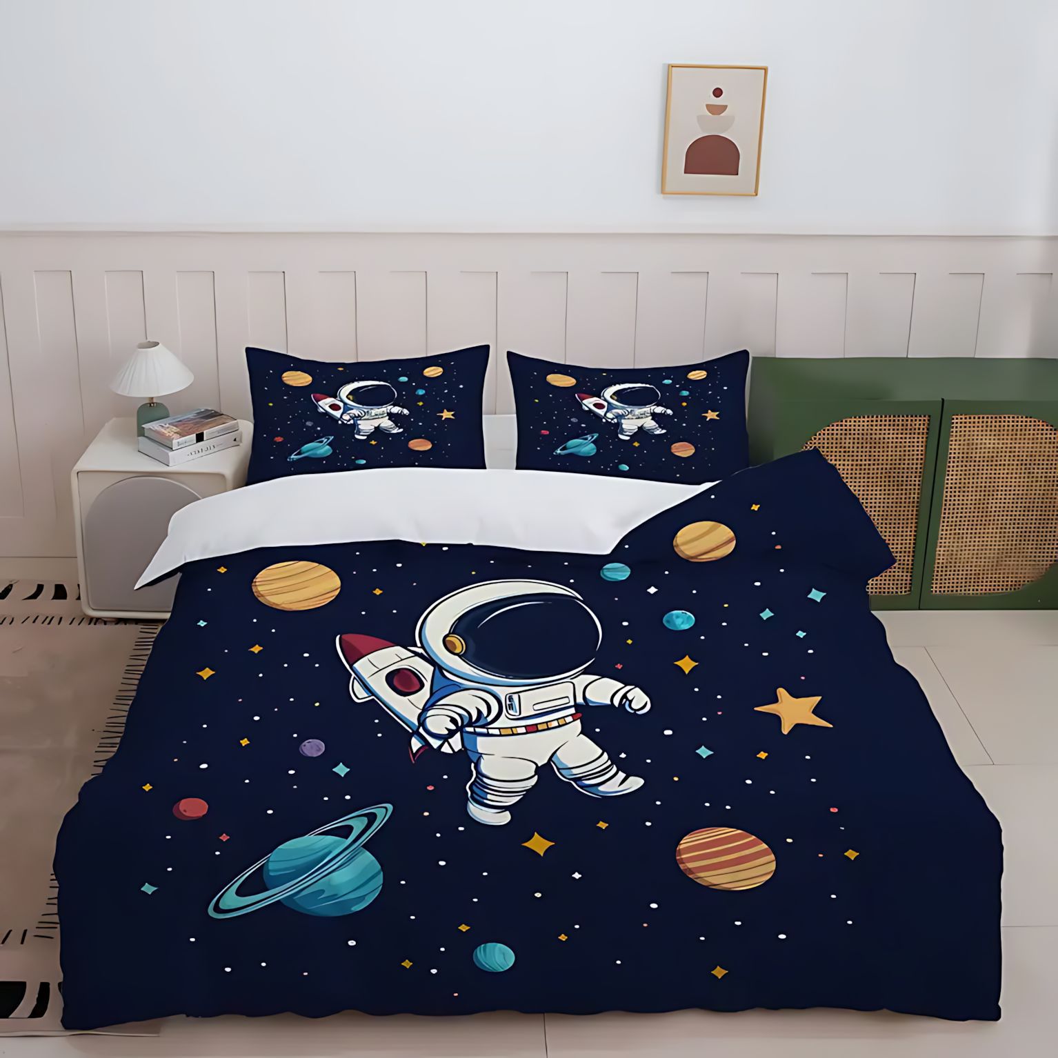 TEMU / JIT transfronterizo dibujos animados tema espacial impresión digital HD suave edredón transpirable kit de funda de almohada