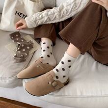 咖色袜子女秋冬羊毛袜日系波点加厚中筒袜冬季保暖堆堆袜配勃肯鞋