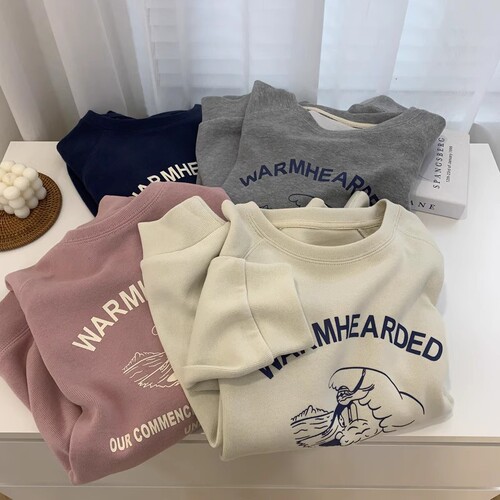 Japanese-style atmosphere early autumn print youthful Korean-style casual sweatshirt for women round neck shoulder-length long sleeves loose tunic top