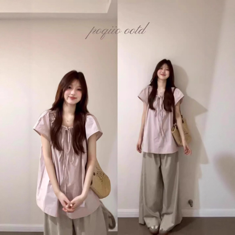 2025 Super Popular Summer Clothes, a Complete Set of Korean Style Drawstring Lace-Up Babydoll Tops and Wide-Leg Pants Suits for Women 2025 Super Popular Summer Clothes, a Complete Set of Korean Style Drawstring Lace-Up Babydoll Tops and Wide-Leg Pants Suits for Women