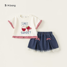 宥宝童装蝴蝶结甜美格子短袖牛仔半身裙女童两件套儿童服装夏套装