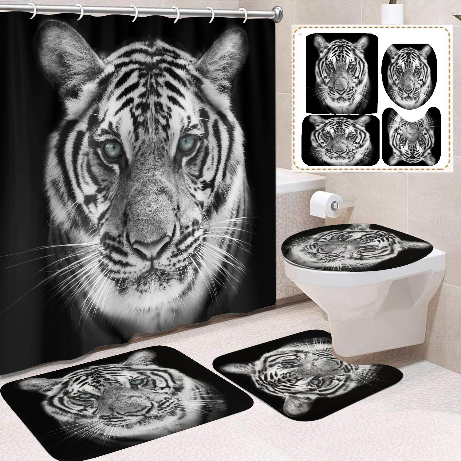 Cortina de ducha de poliéster con estampado digital de animales, impermeable, creativa, para baño, de Amazon, transfronteriza