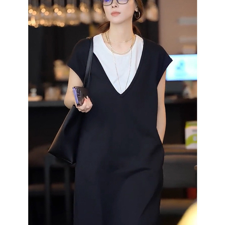 Đầm maxi nữ tay ngắn giả hai mảnh phong cách Pháp — Màu đen