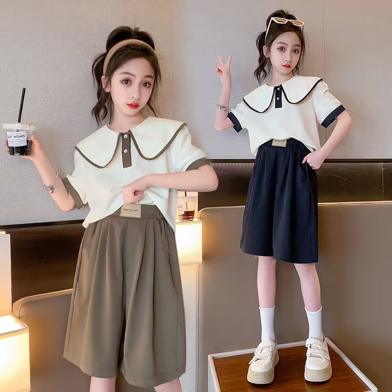 女童韩版洋气套装2024夏季新款儿童休闲时髦娃娃领上衣裤子两件套