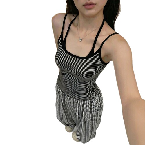 Spice girl fake two-piece striped halter vest with chest pad dopamine top sexy casual beautiful back underwear for women inside