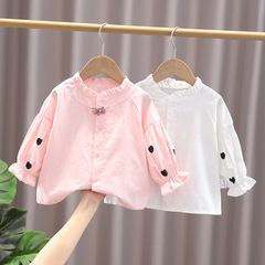 Women's Spring and Autumn Stylish Baby Girl Shirt Stand Collar Fringe 2024 New Fall Open Shirt Children Long Sleeve Collar