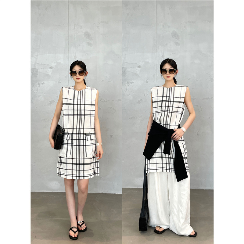Super Cool 60% Linen 40% Tencel ~ Minimalist Nordic Style Straight Plaid Sleeveless Tank Dress for Women Summer Super Cool 60% Linen 40% Tencel ~ Minimalist Nordic Style Straight Plaid Sleeveless Tank Dress for Women Summer