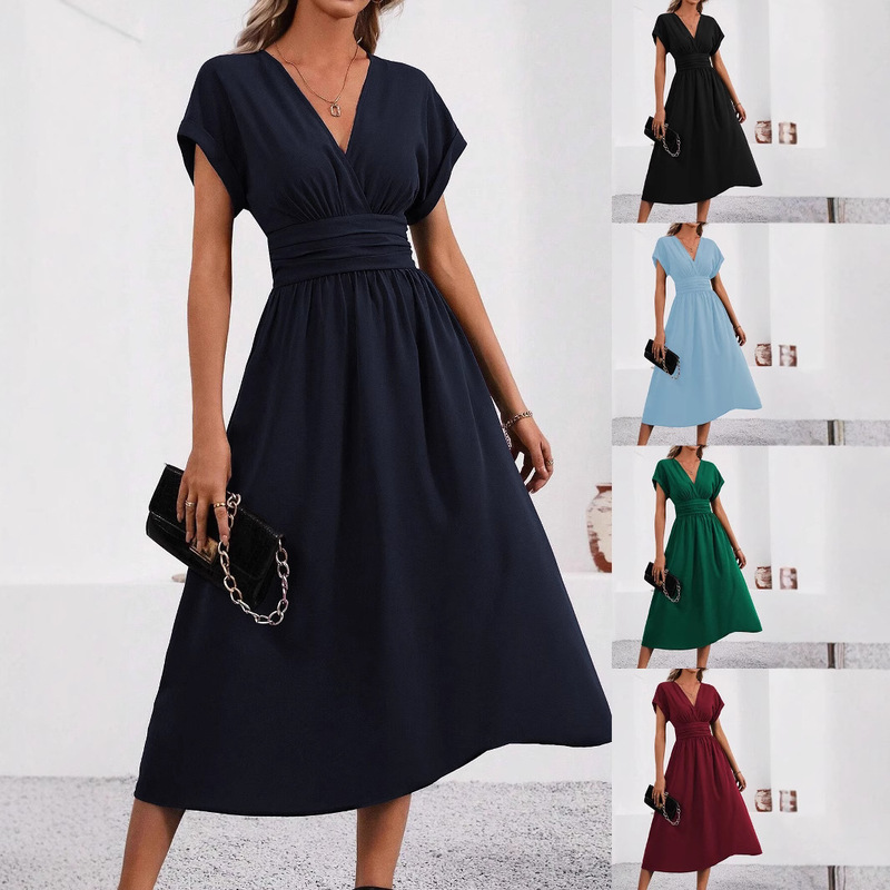 Women's 2025 Summer Solid Color Overlapping V-Neck Bat Sleeve Pleated Waist Long Elegant dress Women's Long Women's 2025 Summer Solid Color Overlapping V-Neck Bat Sleeve Pleated Waist Long Elegant dress Women's Long
