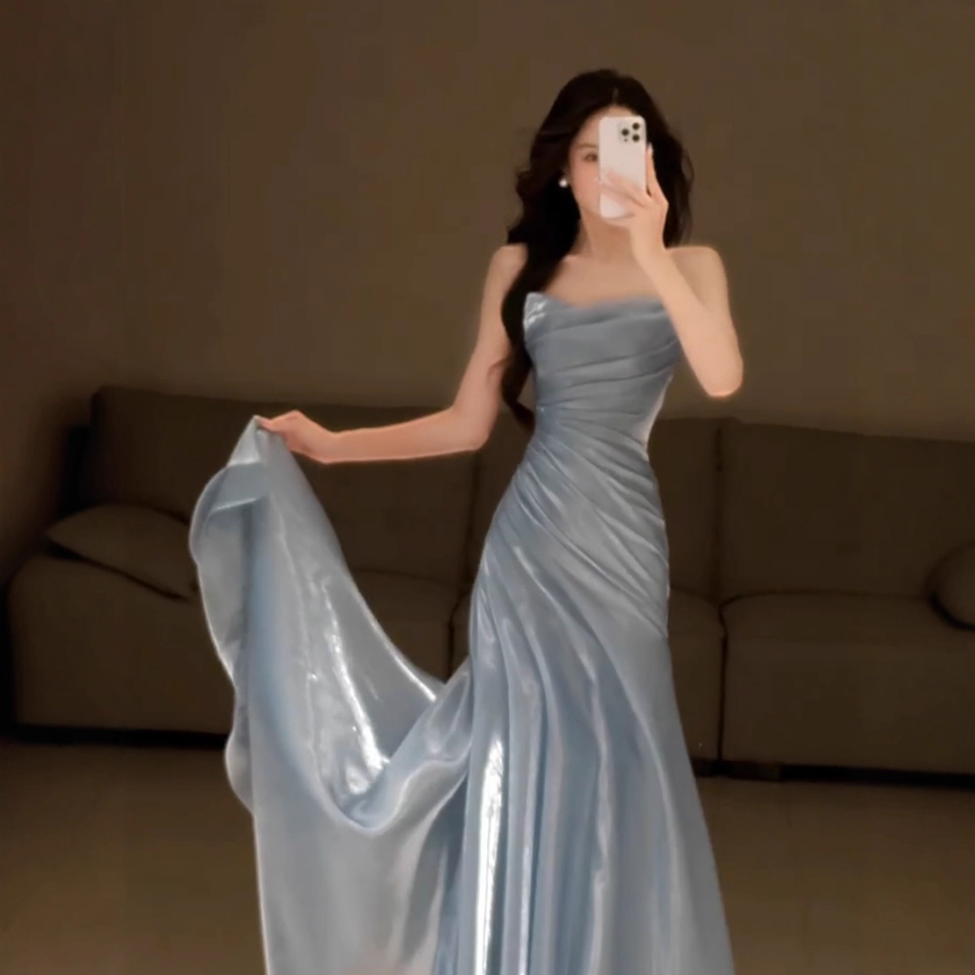 High-End Strapless Evening Dress, New Gray-Blue Gilt Gauze Skirt, Elegant and Slim Fishtail Skirt, Birthday Party Dress