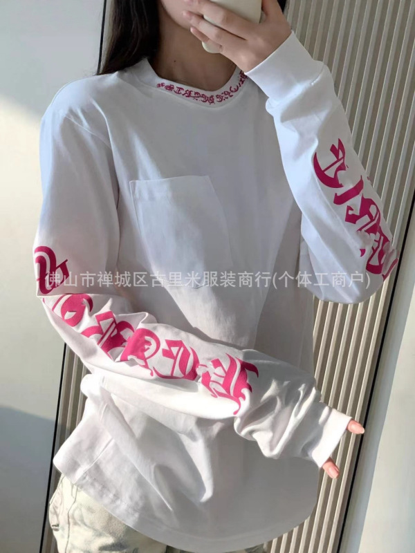 2025早秋新款领口梵文字母花臂印花圆领宽松长袖T恤男女同款|undefined