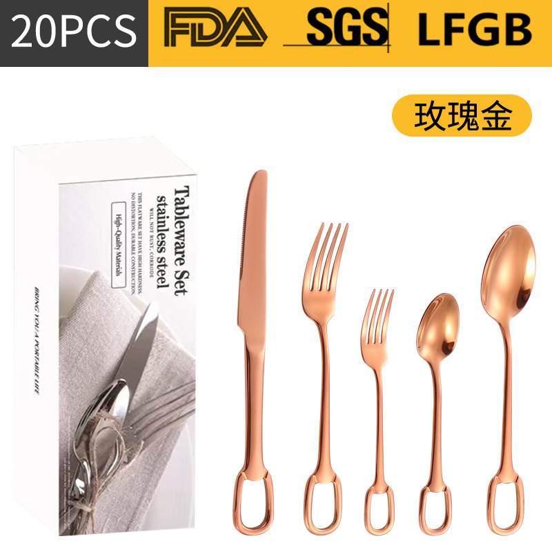 Amazon transfronterizo productos de alto valor facial 304 cubiertos de acero inoxidable 20 / 30 piezas collar hebilla cuchillo y tenedor de cucharas conjuntos