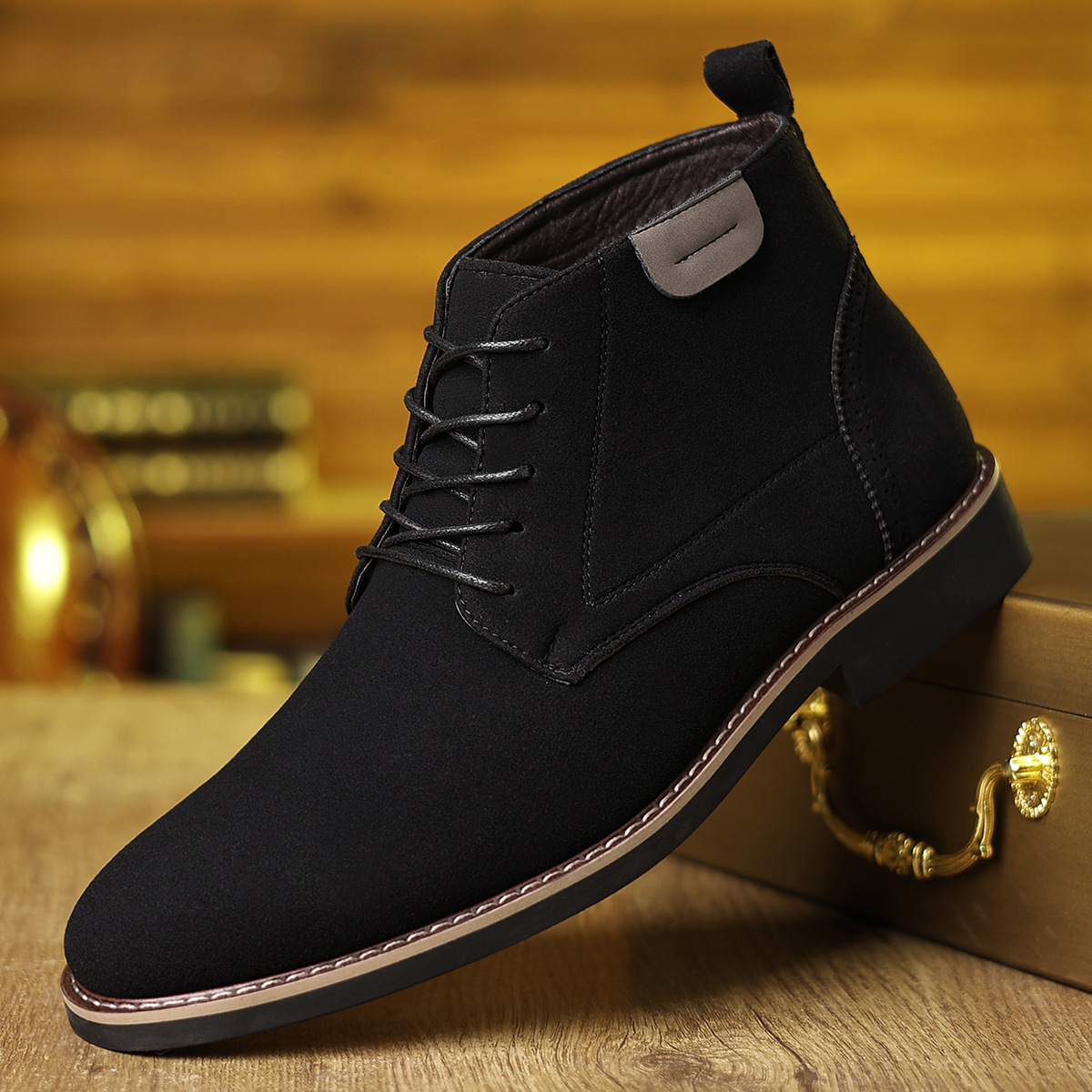 Cross-Border Men's Classic British Style Matte Black Ankle Boots - Casual Retro Look with Durable Non-Slip Rubber