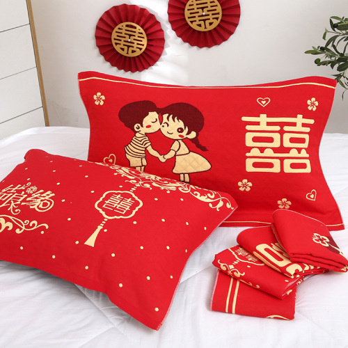 Big red wedding pillow cover 52*78cm three-layer gauze pillow cover large wedding gift return gift pillow cover