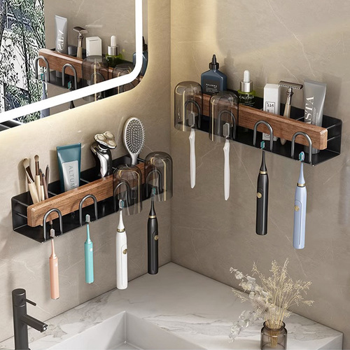 Solid wood toothbrush rack wall-mounted cup holder mouthwash cup holder multifunctional bathroom punch-free toothbrush holder