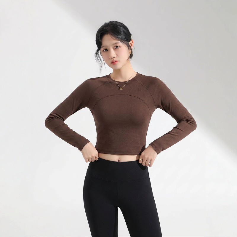 Merino wool yoga top, long-sleeved, round neck, short, slim-fit athletic t-shirt for Pilates, training, and fitness