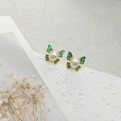 S925银针天然淡水真珍珠耳饰清新可爱小蝴蝶耳钉手工彩釉滴油耳环