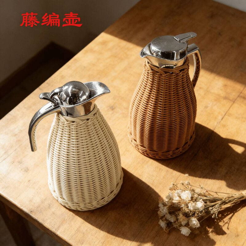 Rattan Woven 304 Stainless Steel Vacuum Insulated Coffee Pot Travel Thermos Handmade Factory Hot Sale