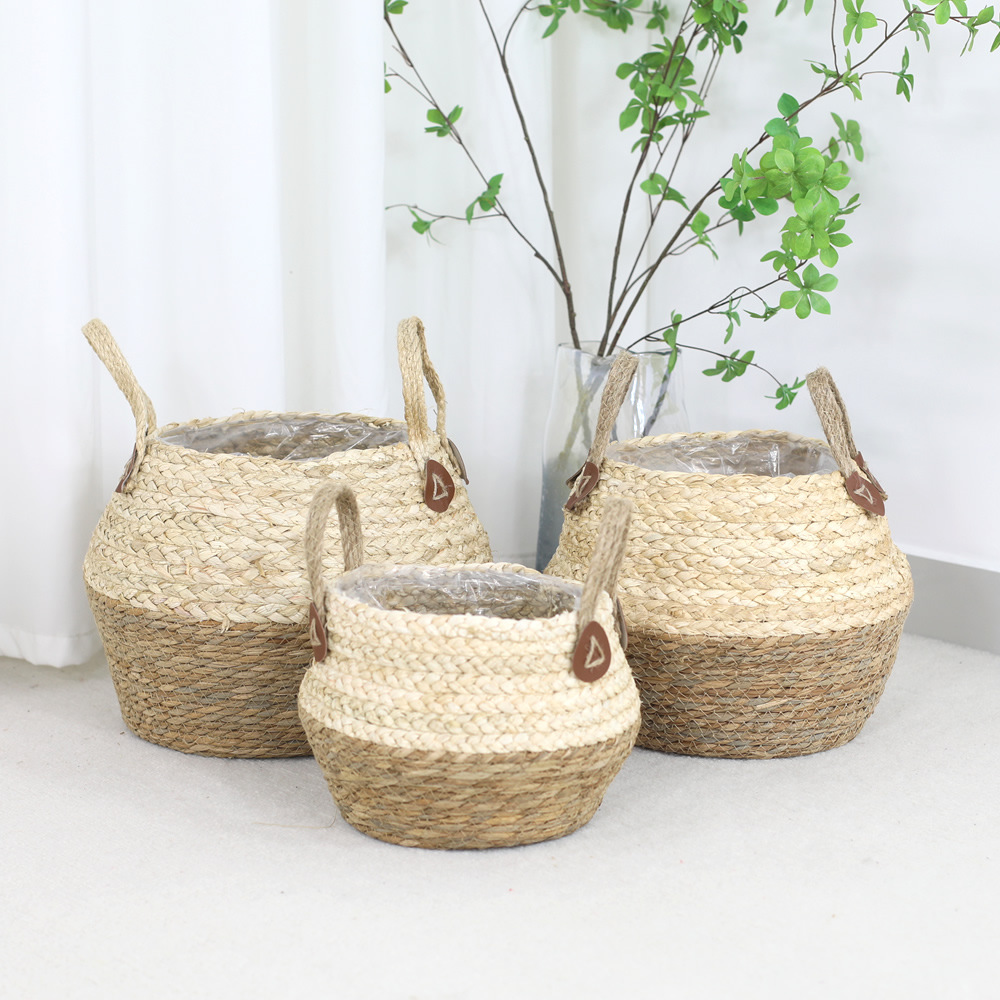 Cesta de flores ornamentación de caña tela de paja maceta de mano maceta de plantación verde maceta de almacenamiento canasta de plantas de sala de estar decoración de flores en maceta