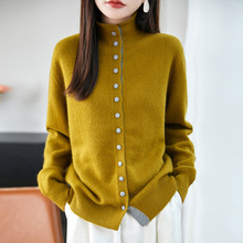 25年秋冬新款精纺羊毛半高领针织开衫长袖女包扣拼色宽松上衣外套