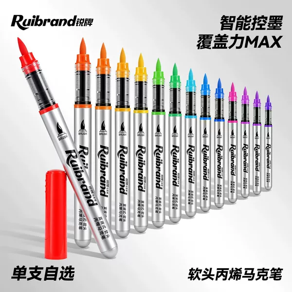 Direct liquid acrylic marker pen with soft tip, available in individual colors for supplementary use, single color, opaque, color blendable, large capacity, for art use