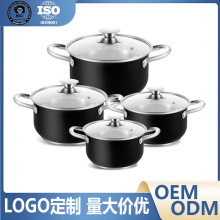 复底不锈钢汤锅黑色直身锅钢耳玻璃盖4件套装带磁组合跨境礼品