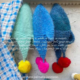 多巴胺撞色毛球雷锋帽子女韩版秋冬天护耳保暖针织帽显脸小毛线帽