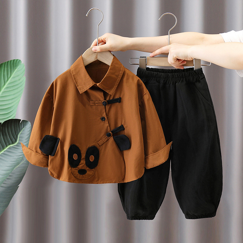 5919 Traje de otoño para niños Camisa de panda de dibujos animados para niños 2025 nuevo traje de dos piezas de celebridades de Internet de primavera y otoño para bebés