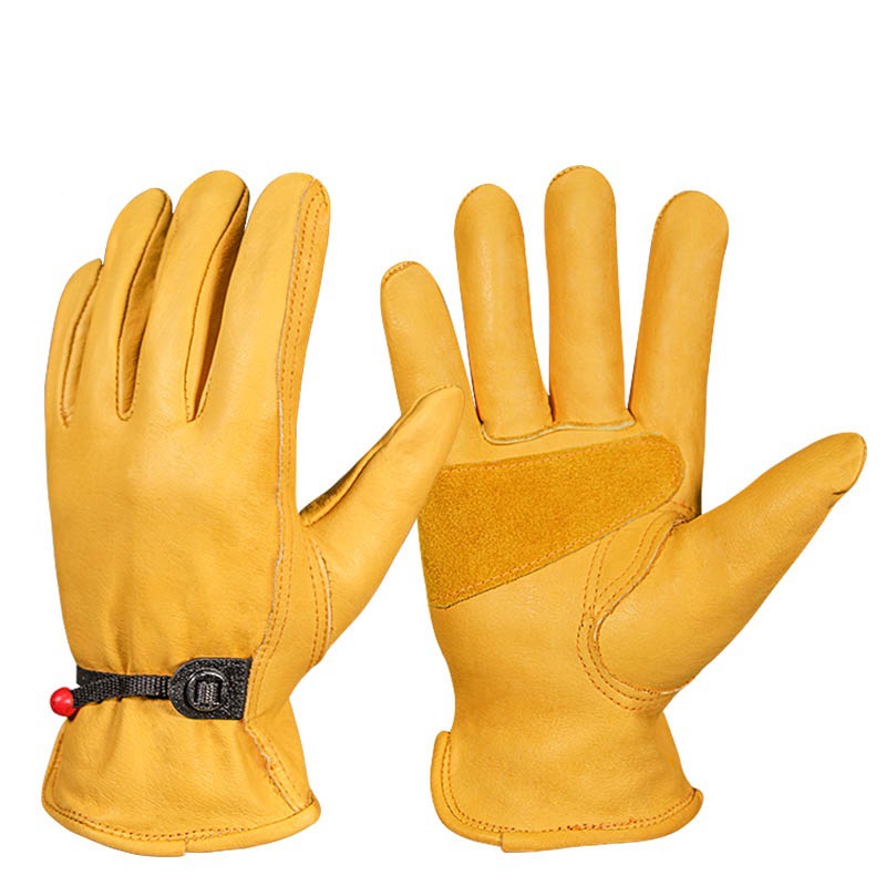Guantes de jardinería Piel de vaca amarilla resistente a las puñaladas Guantes de trabajo de cuero para conductor de construcción de granja de patio resistente al desgaste