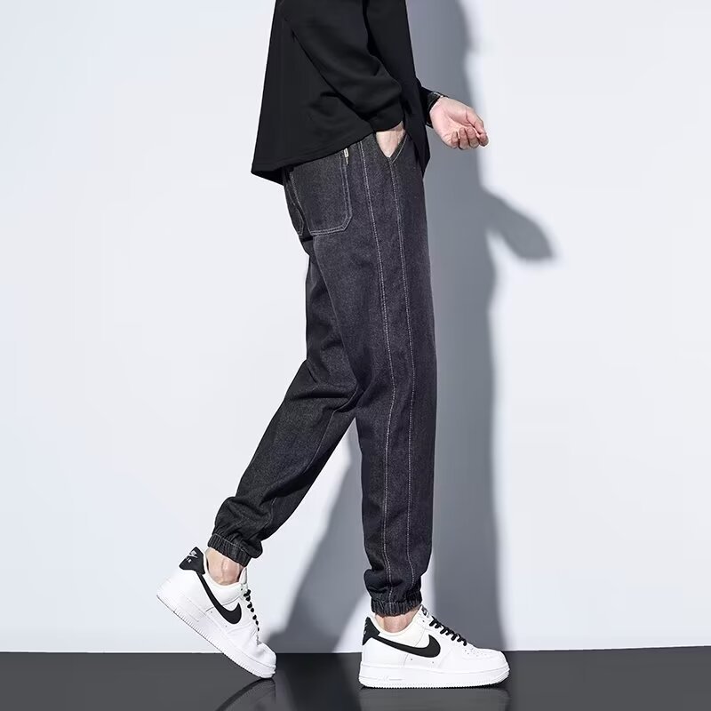 2024 primavera y otoño pantalones vaqueros de cintura elástica todo fósforo para hombres, pantalones de pierna ancha rectos sueltos para adolescentes de la calle principal