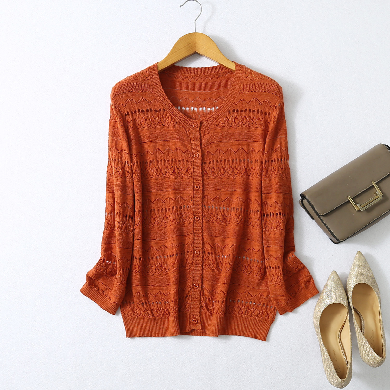 挑洞绢丝开衫针织镂花春款单排扣上衣  宽松夏季外套空调衫