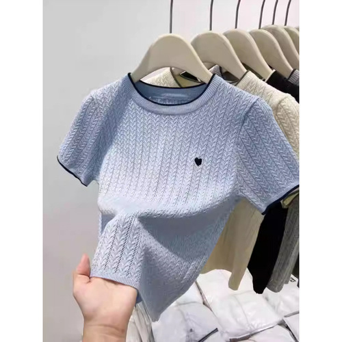 Shoulder knitted short-sleeved shirt for women 2026 summer new style contrasting color round neck embroidery short underlining shirt top