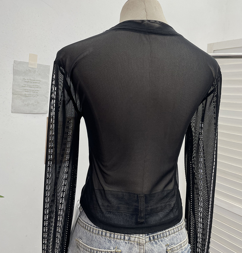Diamond Embedded Thin Sheer Mesh Long Sleeve T shirt Slim Short Backless Top Women