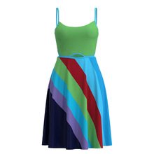 2024夏欧美跨境外贸女装拼色印花挂脖镂空低胸性感绑带吊带连衣裙