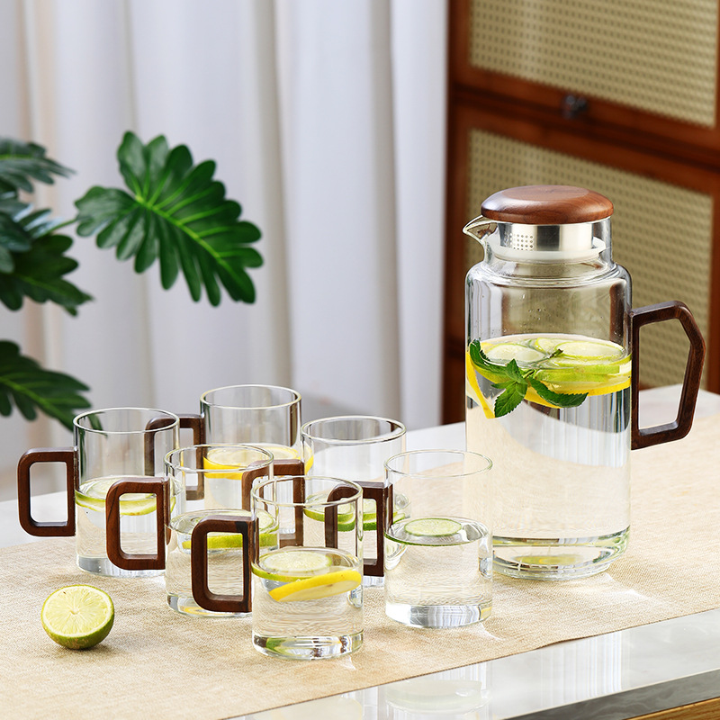 Botella de agua fría de vidrio, taza de agua, olla fría de madera de vidrio para el hogar, olla de té retro resistente al calor, taza de té, juego de agua image 14