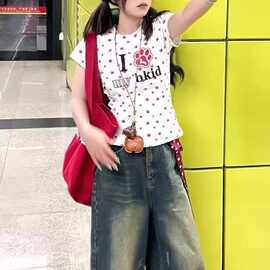 2025春季美式爱心烫钻狗爪满印修身短袖T恤女休闲打底衫上衣潮牌