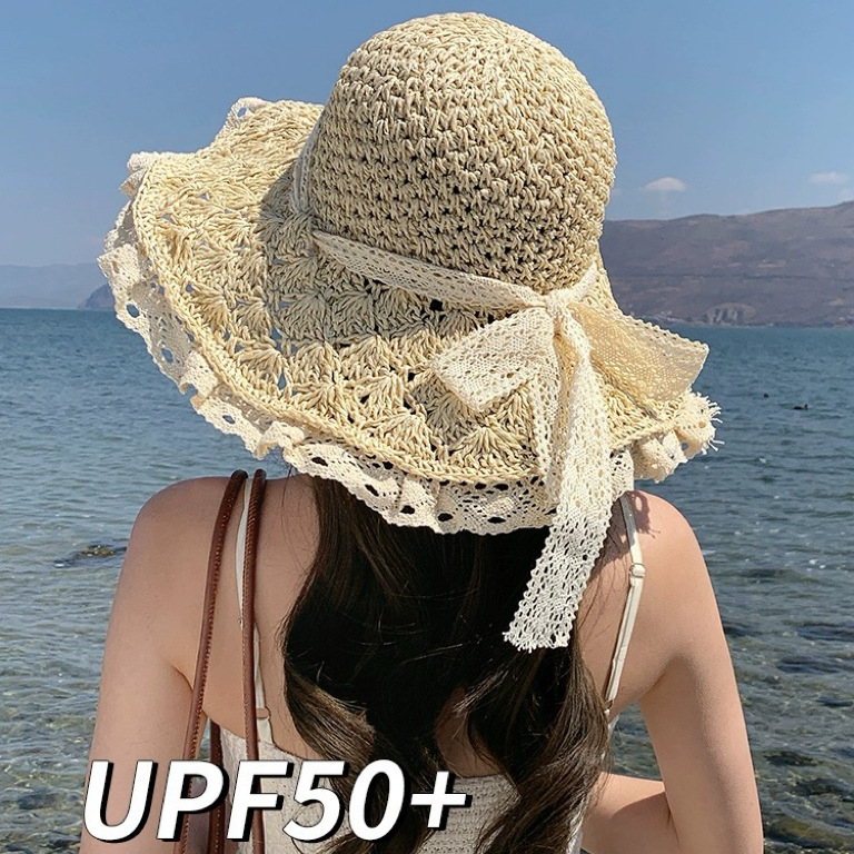 Sombrero de paja francés verano de las mujeres 2023 nuevo sombrero de playa verano encaje paja protección solar sol sombrero