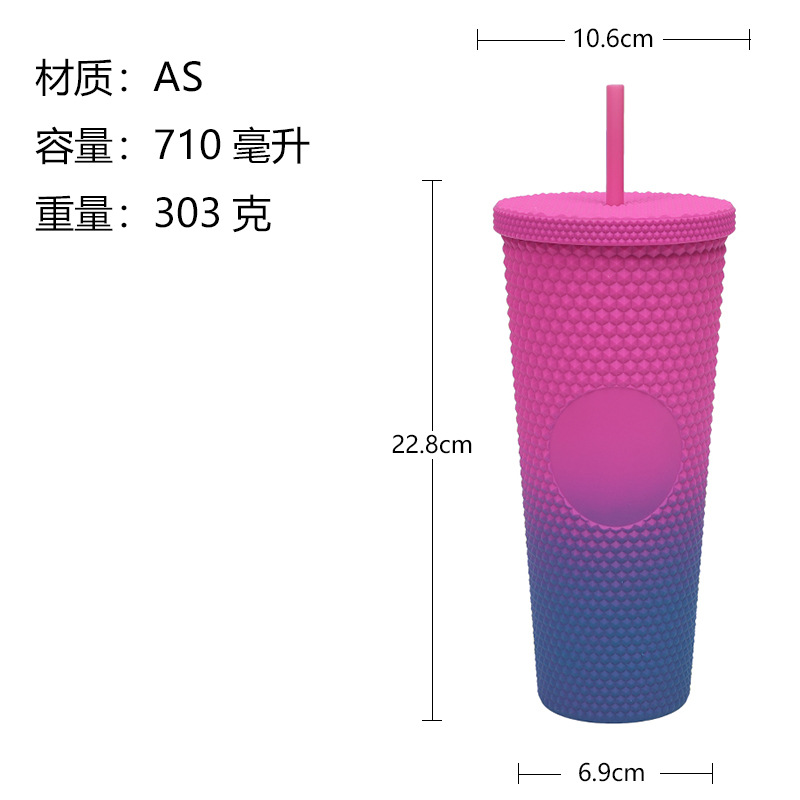 Suministro directo de fábrica Taza de agua de plástico de venta caliente Taza de mano de diamante degradado de red Taza de durian de doble capa como Xingba para niñas