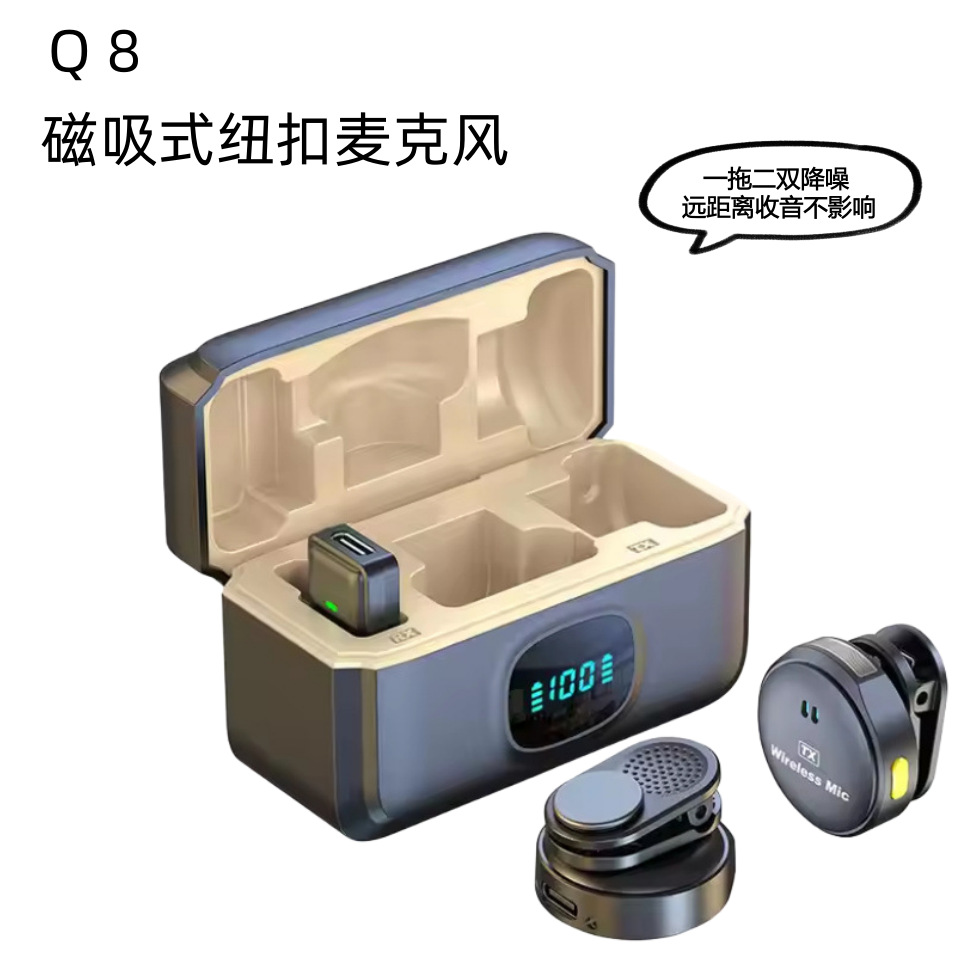 Customizado Q8 collar inalámbrico micrófono con cartucho de un remolque dos transmisión en vivo al aire libre resistencia de la batería de absorción magnética duradera reducción de ruido