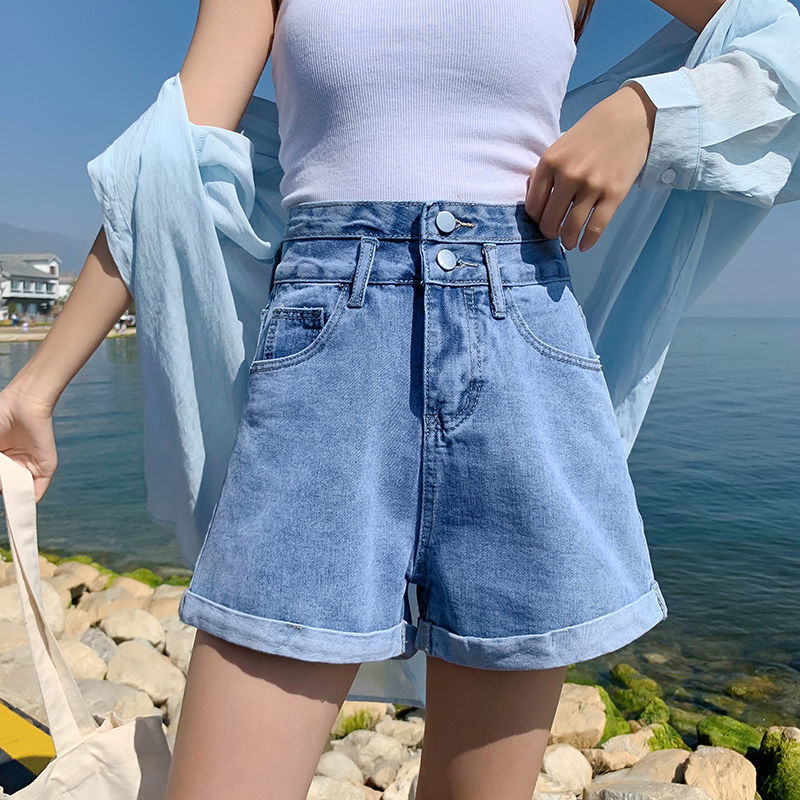 Super High Waist Denim Shorts Women's Summer Thin Chic New Double Buckle Straight Tube Curled Wide Leg Super Short Hot Trendy Pants