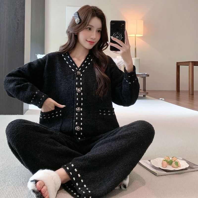 V领开衫睡衣女半边绒秋冬季加厚贵妇名媛小香风家居服套装可外穿|undefined