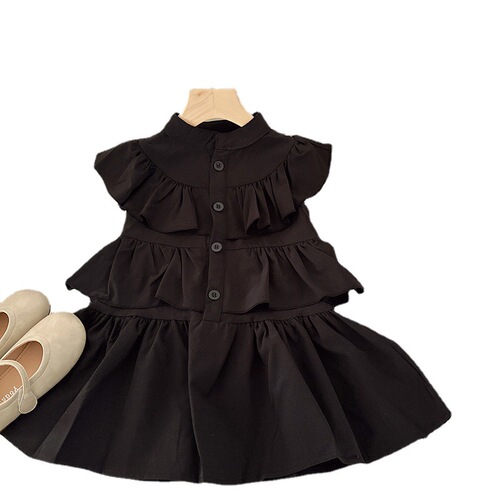 Girls' Vest Dress, Black Princess Style 2024 Summer New Arrival – Chic Kids' Ruffled One-Piece Dress with Tiered Layers