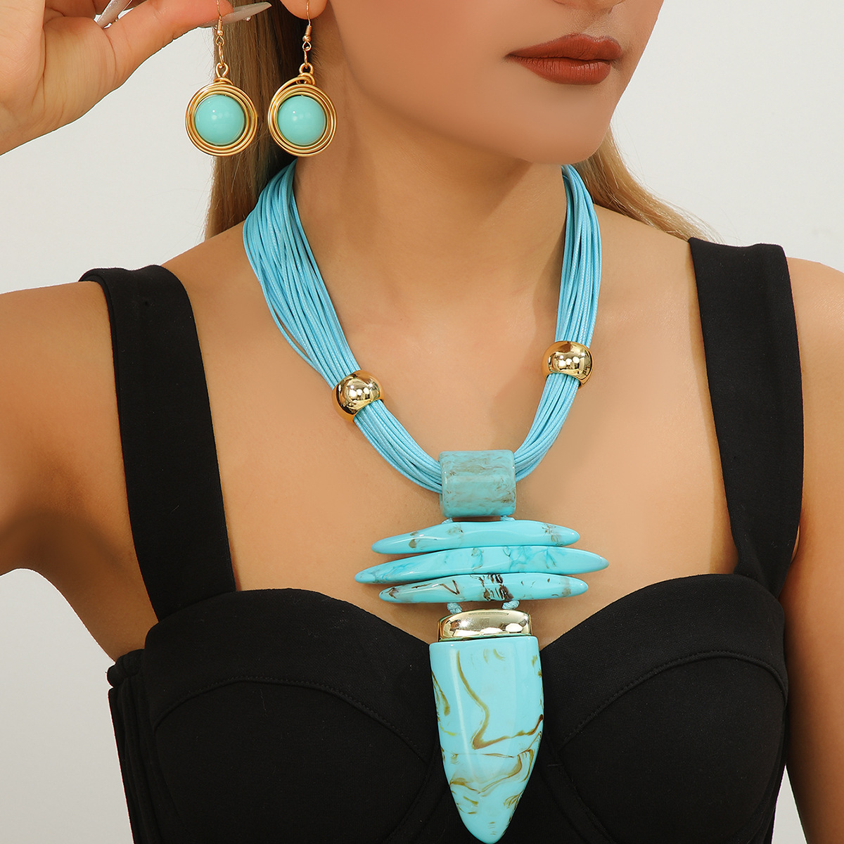 Cross-Border European and American New Style Exaggerated Irregular Imitation Turquoise Women's Pendant Necklace and Earring Set