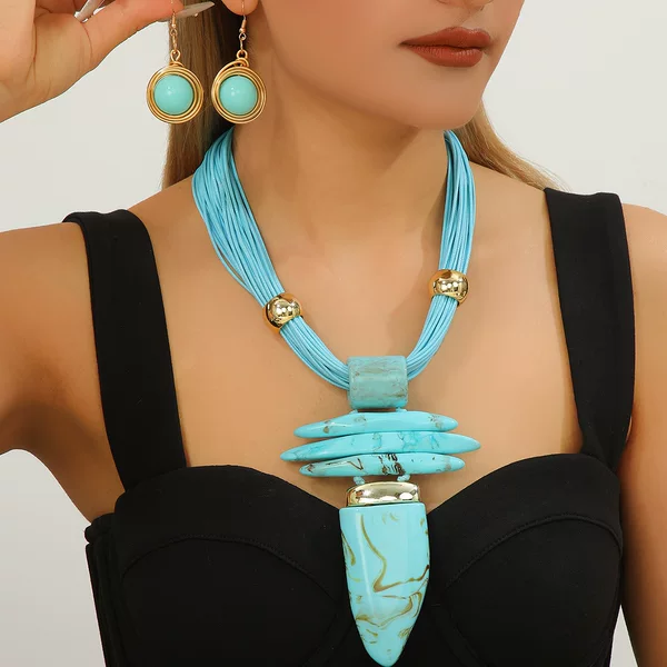 Cross-Border European and American New Style Exaggerated Irregular Imitation Turquoise Women's Pendant Necklace and Earring Set