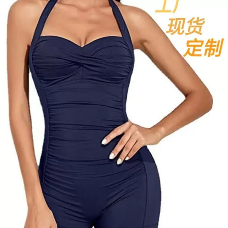 女士连体保守游泳衣小胸挂脖褶皱平角裤泳装温泉速干藏蓝纯色连身