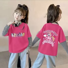 女童新款T恤宝宝撞色拼接内搭长袖卡通中大童春秋纯棉打底上衣潮