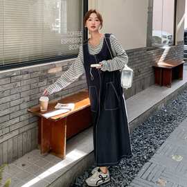 复古松弛感慵懒风背心连衣裙套装女2026秋季新款条纹打底衫两件套