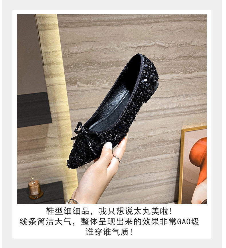 Giày nữ mũi nhọn đế mềm thấp, thắt nơ, kiểu xuân — Màu đen chi tiết 7
